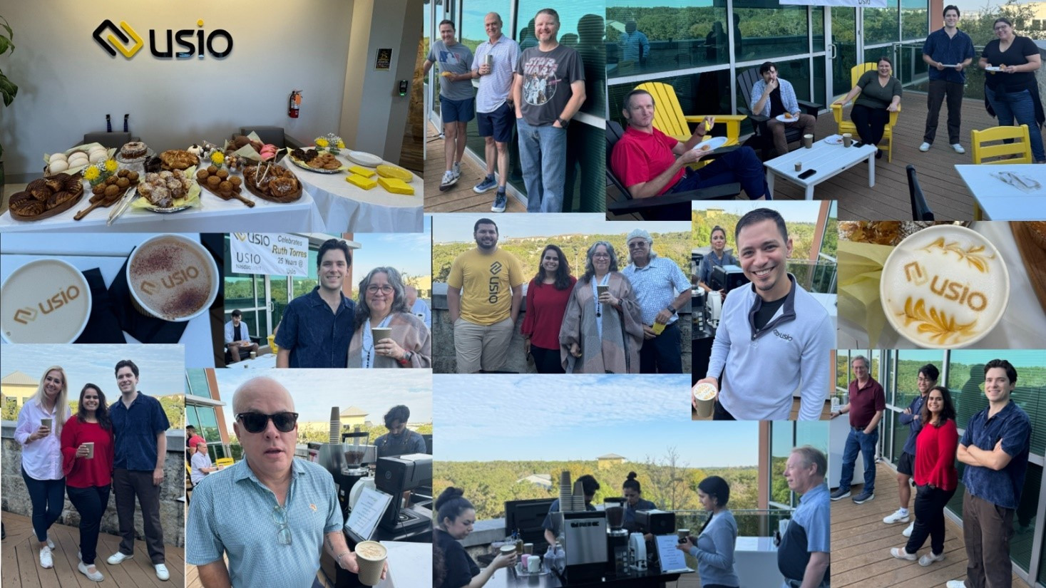Employees celebrate the 25 years of service of one its most beloved employees with a barista and sweet bread.