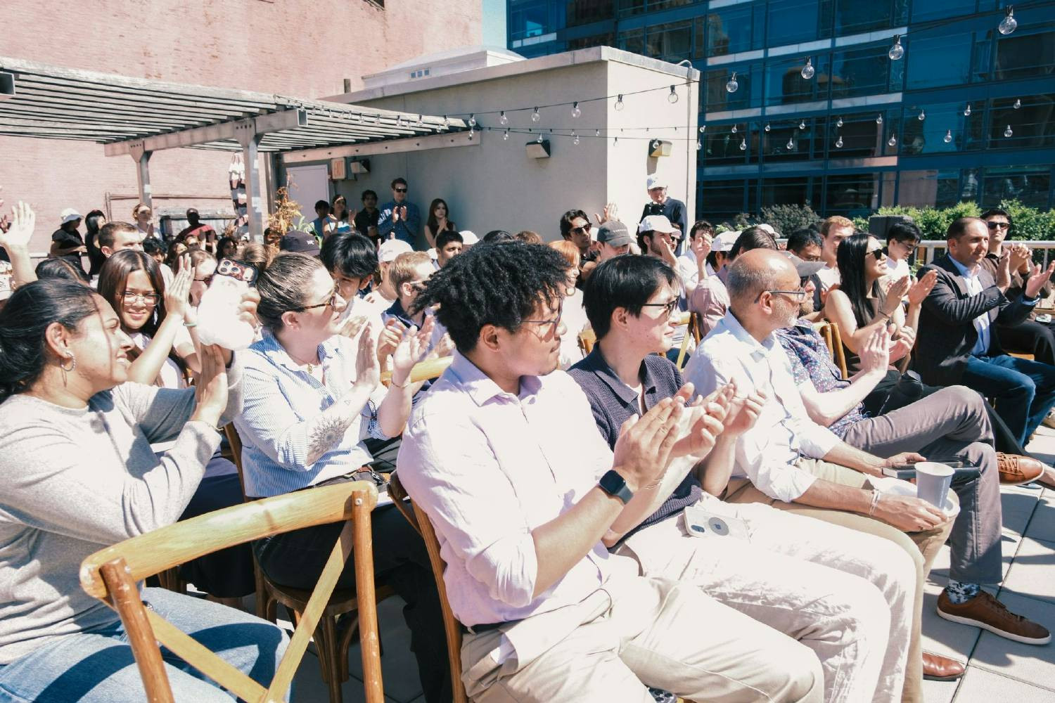 Fireside chat on our rooftop deck in Soho with one of our incredible customers