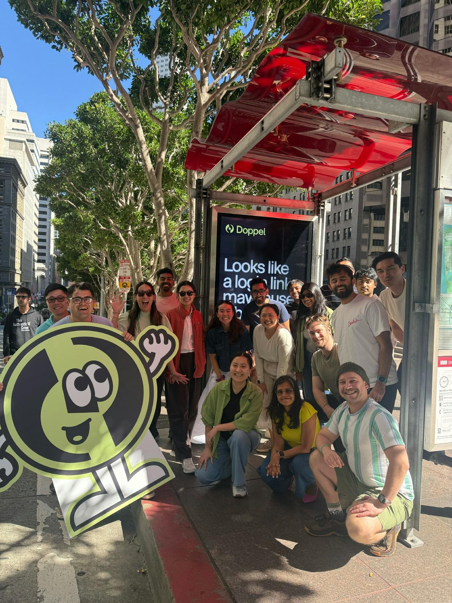 Doppel in the Wild! - Photo op at bus stop featuring Doppel ad