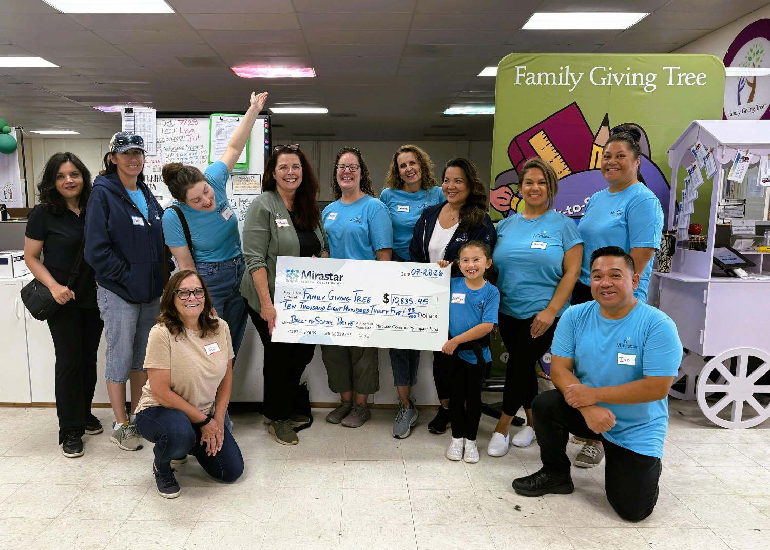 Over $10,835 was raised by Mirastar to benefit the Family Giving Tree’s Back to School Drive.